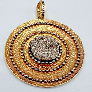 Estate V Sterling Silver 925 & Druzy Drusy Gold Tone Circle Disc Round Pendant